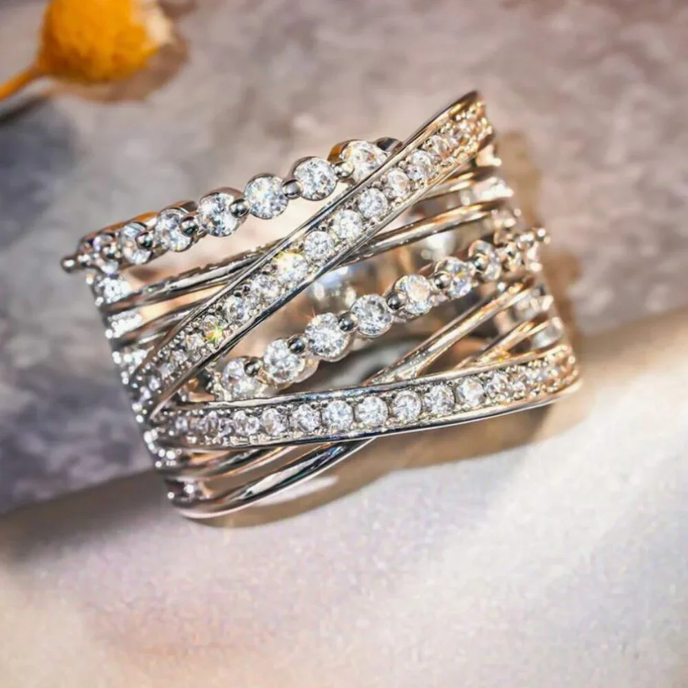NEW 18k White Gold Diamond Ring Layer Wide Ring Band_5